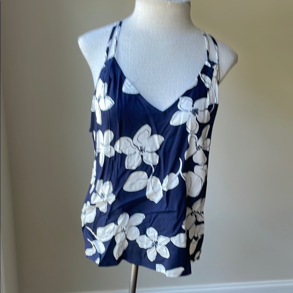 Blue and White Sleeveless Camisole Top with V-Neck